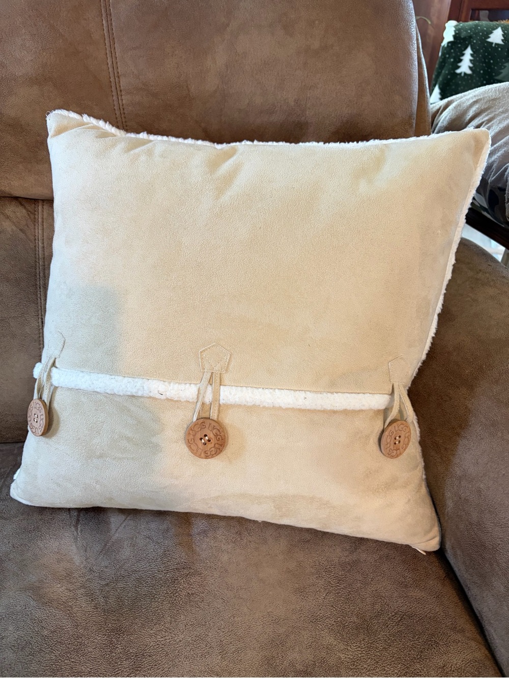UGG Cream Tan Sherpa-Trim Accent Pillow with Button Details